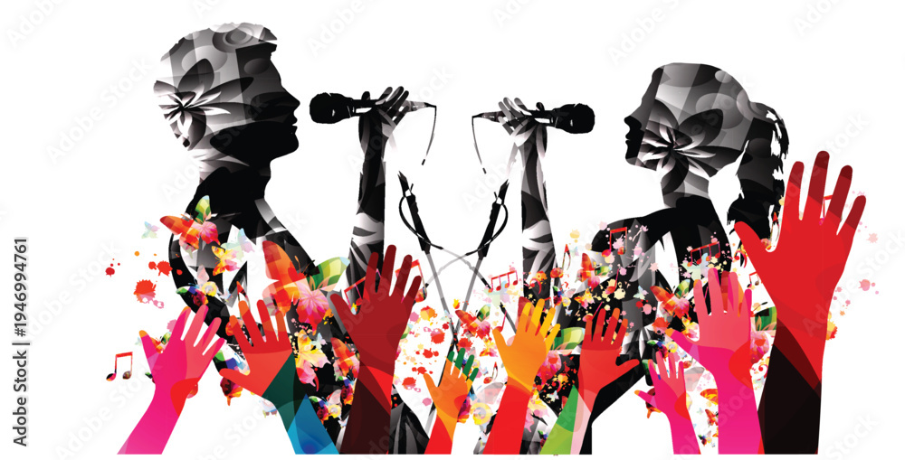 Fototapeta premium Silhouette of male and female singers performing a duet at a summer music festival with colorful floral patterns and audience hands