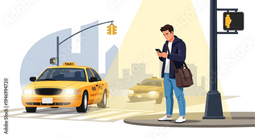 Man waiting for taxi on sidewalk.