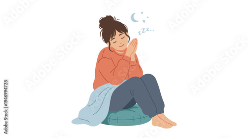A tranquil woman poses in a sleeping posture, her hands clasped, with a serene, contented smile. She appears sleepy and dreamy, drifting into a nap. The illustration is a flat vector image set