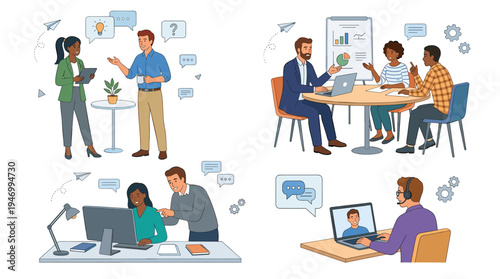 A set of office communication and collaboration tools. Business teams engage in professional conversations. Colleagues work together, discussing during meetings. Flat vector illustrations stand alone