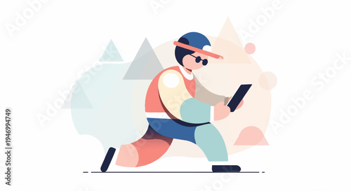 Person in cap and glasses engrossed in mobile device