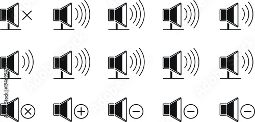 Speaker volume icon set with sound wave levels, mute, increase and decrease audio symbols for media control user interface vector