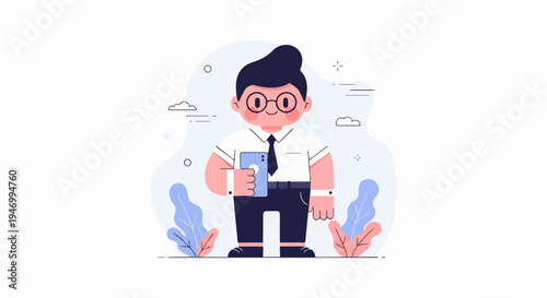 Cute animated man with glasses and tie holds phone, blue leaves