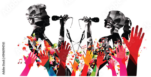 Silhouette of male and female singers performing a duet at a summer music festival with colorful floral patterns and audience hands
