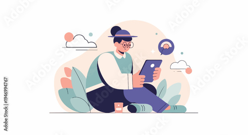 Person using tablet surrounded by abstract shapes and plants, light