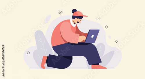 Person in casual attire sits on knees, intensely focused on laptop, amidst abstract shapes