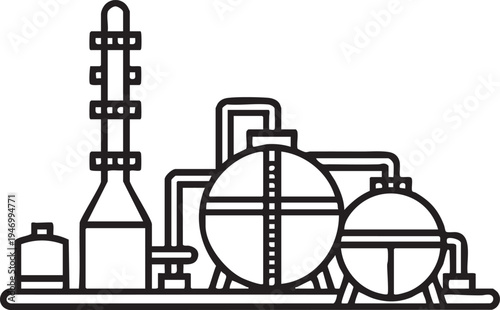 Industrial Oil Refinery Plant with Storage Tanks Line Art
