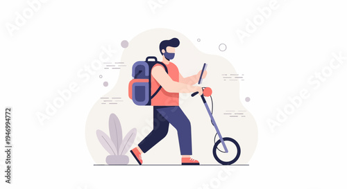 Person with backpack on scooter, wearing mask, holding phone