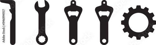 Black silhouettes of tools and mechanical parts including a wrench bottle opener spanner and gear also transparent background