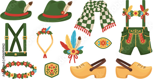 Traditional Bavarian Oktoberfest Costume Elements Vector Set with Lederhosen Hat Suspenders Scarf Wooden Clogs Floral Wreath and Folk Accessories Illustration