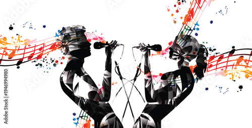 Silhouette of male and female singers with floral patterns and colorful swirling musical notes on a clean white background