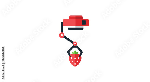 Robot arm picking up strawberry fruit.