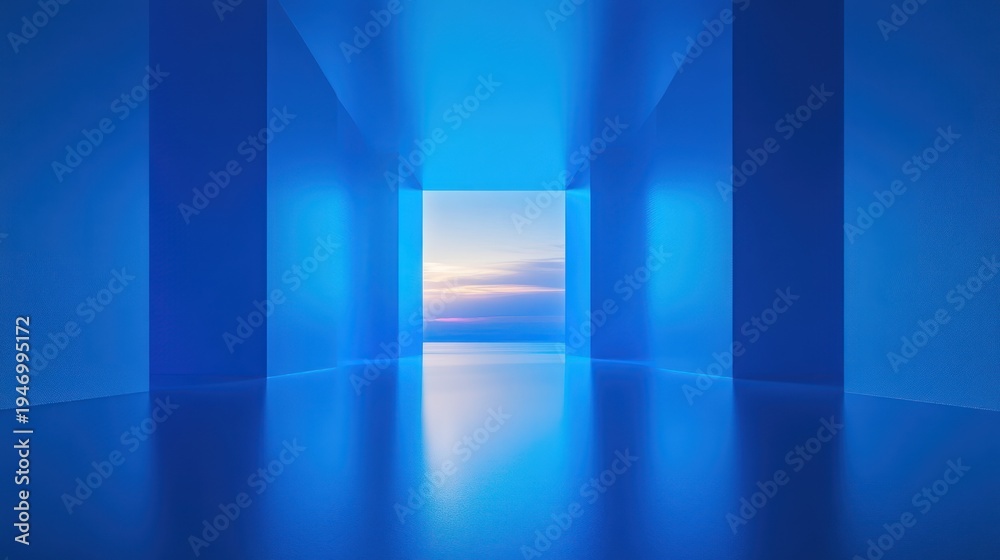 Fototapeta premium Abstract blue corridor with sky view
