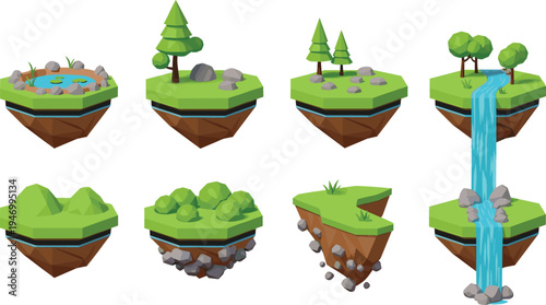 Floating island landscape vector illustration set with trees, rocks, grass and waterfall, fantasy nature land pieces collection for game environment design