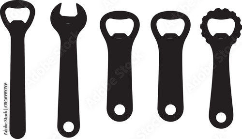 Five black silhouettes of different bottle openers also transparent background tool
