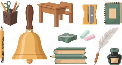 Vintage School Classroom Supplies Vector Set with Bell Desk Books Ink Bottle Pencil Sharpener Notebook Chalk Feather Pen Education Illustration Collection
