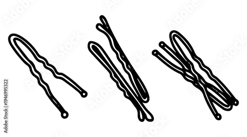 A set of hairpins. Vector sketch, hand drawn. Hair clip, bobby pin, hairgrip. Curl styling, fixation. Line art graphic illustration.