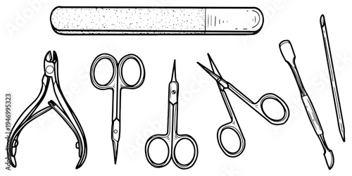 Set of manicure tools. Vector sketch, hand drawn. Hygienic nail care. Scissors, nippers, sticks, file. Beauty salon. Pedicure equipment. Stainless steel. Line art illustration.