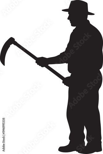 Silhouette of a man wearing a hat holding a large scythe also transparent background tool