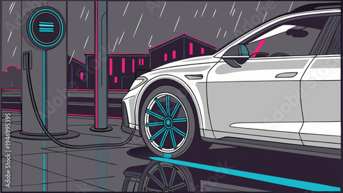 Electric vehicle charging at a modern power station on a rainy city night in a flat vector illustration style with neon accents.