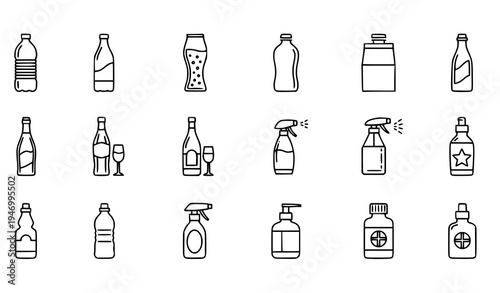 Bottle outline icons set beverage packaging thin line vector symbols
