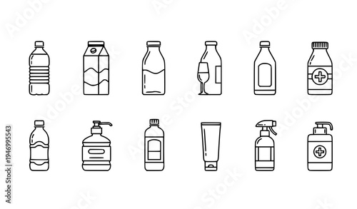 Bottle icon set beverage container packaging thin line vector symbols