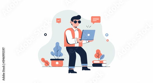 Person in orange vest and sunglasses with laptop, plants, books