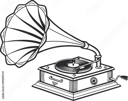 Vintage gramophone vector illustration featuring a classic phonograph with a large horn and crank handle isolated on a white background for retro music designs