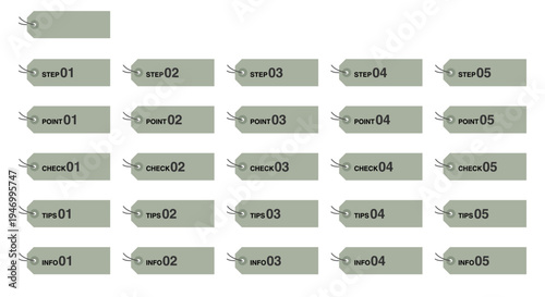 Numbered tag label set with step, point, check, tips and info, sage green minimal infographic labels vector