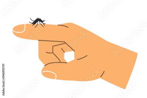 mosquito on human finger, biting insect and blood feeding parasite, close interaction with skin, summer pest and disease- vector illustration