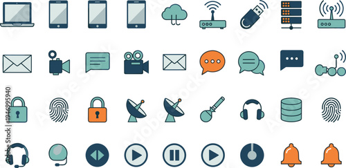 Digital Communication and Technology Icon Set Featuring Smartphone, Laptop, Cloud Network, Email, Chat Messages, Fingerprint Security and Multimedia Control Symbols
