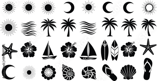 Cad drawing flat vector illustration of tropical summer icons featuring palm trees, sailboats, seashells, hibiscus flowers, sun, moon, and flip flops.