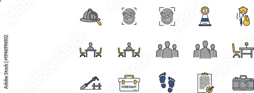 Forensic Crime Investigation Icon Set Featuring Fingerprint Identification, Evidence Collection, Interrogation Scene, Detective Tools, Footprint Analysis and Crime Documentation