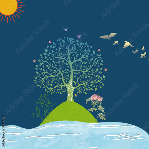 Fotografía Papercut Style Tree of Life Nature Illustration with Birds and Teal Leaves on Wh