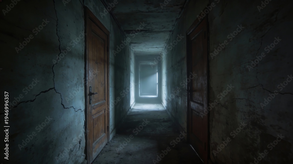 Obraz premium Corridor in Abandoned Building with Light at End