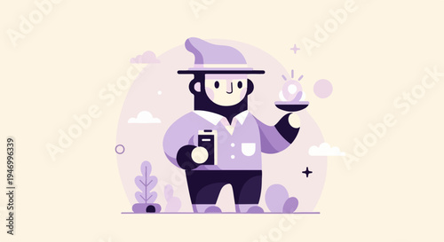 Stylized character in wizard hat holds glowing orb and book against sky