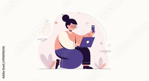 Person with glasses on laptop and phone, kneeling surrounded by plants