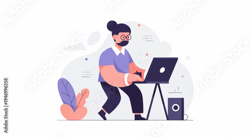 Person with glasses and mustache using laptop with plants and speaker