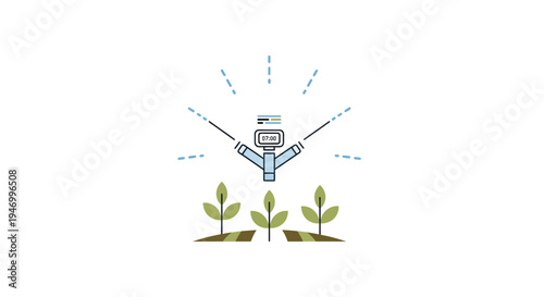 Robot watering small green plants outside.