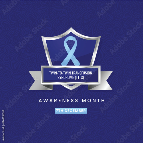 Light blue awareness ribbon on a silver shield for Twin-To-Twin Transfusion Syndrome (TTTS) Awareness on December 7th. Vector design for maternal-fetal health and pregnancy support.