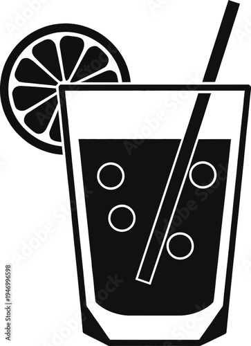 Black and white vector illustration of a cold drink with lemon and straw