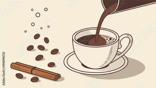 Coffee cup illustration featuring dark liquid pouring into a mug with cinnamon sticks and roasted beans on a neutral background in vector style.