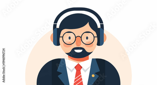 Friendly professional with headphones and spectacles, wearing a tie and suit