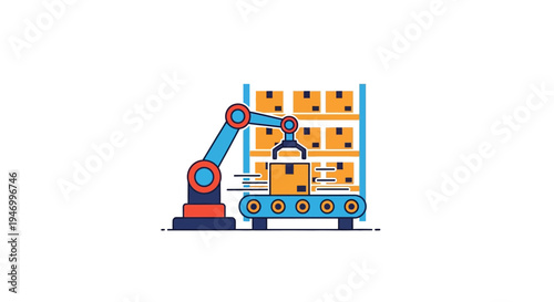 Robotic arm loading boxes on conveyor.