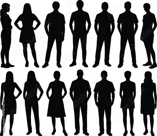Human silhouette icon set, diverse people graphics, standing posture symbols, gender and clothing figures, black vector, white background