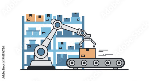 Robotic arm moving cardboard boxes.