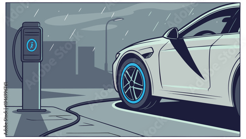Electric vehicle charging at a modern station on a rainy night in the city presented as a clean flat vector illustration for sustainability