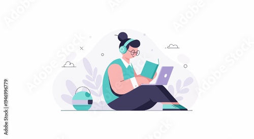 Person with headphones and glasses reads a book and uses a laptop
