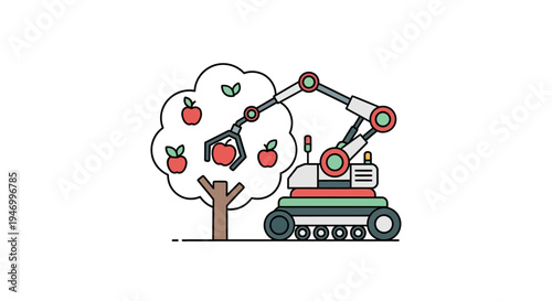 Robotic arm picking apples from tree.