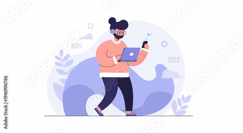 Person with headphones, laptop, and phone walks against abstract background